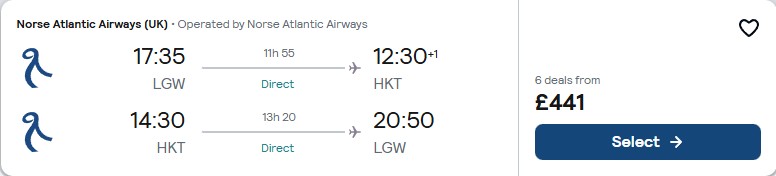 Non-stop flights from London, UK to Phuket, Thailand for only £441 roundtrip. Flight deal ticket image.