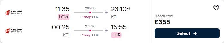 Cheap flights from London, UK to Phnom Penh, Cambodia for only £355 roundtrip. Flight deal ticket image.