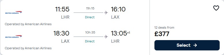 Click here to book this cheap flight deal. Non-stop flights from London, UK to Los Angeles, USA for only £377 roundtrip with American Airlines. Flight deal ticket image.