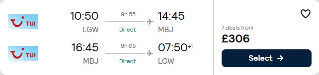 Click here to book this cheap flight deal. Non-stop flights from UK cities to Montego Bay, Jamaica from only £306 roundtrip. Flight deal ticket image.