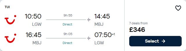 Non-stop flights from London, UK to Montego Bay, Jamaica for only £346 roundtrip. Flight deal ticket image.