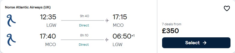 Click here to book this cheap flight deal. Non-stop flights from London, UK to Orlando, Florida for only £350 roundtrip. Flight deal ticket image.