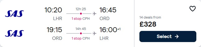 Click here to book this cheap flight deal. Cheap flights from London, UK to Chicago, USA for only £328 roundtrip with Scandinavian Airlines. Flight deal ticket image.