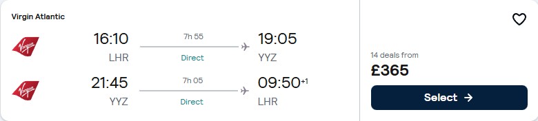 Non-stop, Christmas flights from London, UK to Toronto, Canada for only £365 roundtrip with Virgin Atlantic. Flight deal ticket image.