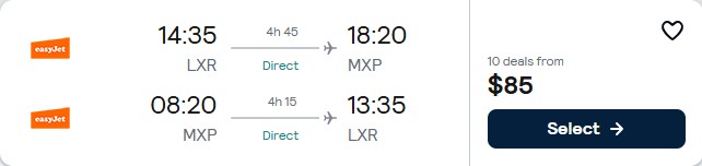 Click here to book this cheap flight deal. Non-stop, New Year flights from Luxor, Egypt to Milan, Italy for only $81 USD roundtrip. Flight deal ticket image.