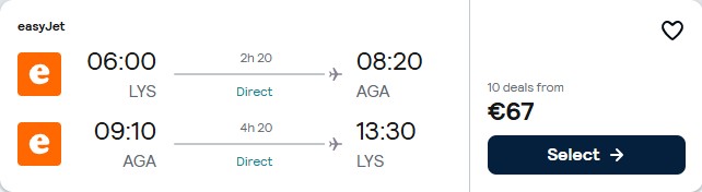 Click here to book this cheap flight deal. Non-stop flights from Lyon, France to Agadir, Morocco for only €67 roundtrip. Flight deal ticket image.