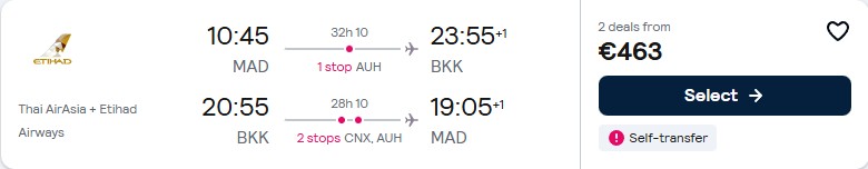 Click here to book this cheap flight deal. Cheap flights from Madrid, Spain to Bangkok, Thailand for only €449 roundtrip with Etihad Airways. Flight deal ticket image.