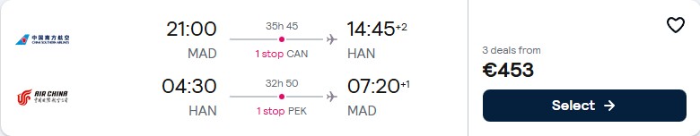 Click here to book this cheap flight deal. Cheap flights from Madrid, Spain to Hanoi, Vietnam for only €453 roundtrip. Flight deal ticket image.