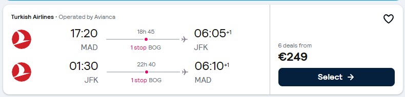 Click here to book this cheap flight deal. Cheap flights from Madrid, Spain to New York, USA for only €249 roundtrip with Avianca. Flight deal ticket image.