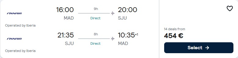 Click here to book this cheap flight deal. Non-stop flights from Madrid, Spain to San Juan, Puerto Rico for only €454 roundtrip with Iberia. Flight deal ticket image.