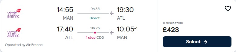 Cheap flights from Manchester, UK to Atlanta, USA for only £423 roundtrip with Virgin Atlantic and Air France. Flight deal ticket image.