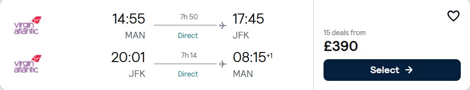 Click here to book this cheap flight deal. Non-stop, Christmas flights from Manchester, UK to US cities from only £390 roundtrip with Virgin Atlantic. Flight deal ticket image.