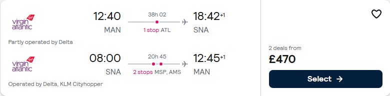 Cheap flights from Manchester, UK to Santa Ana, California for only £470 roundtrip with Virgin Atlantic, Delta Air Lines and KLM. Flight deal ticket image.