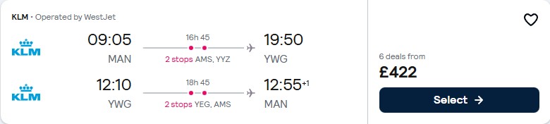Cheap flights from Manchester, UK to Winnipeg, Canada for only £422 roundtrip with KLM. Flight deal ticket image.