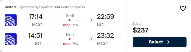 Click here to book this cheap flight deal. Cheap flights from Orlando, Florida to Boise, Idaho for only $237 roundtrip with United Airlines. Also works in reverse. Flight deal ticket image.