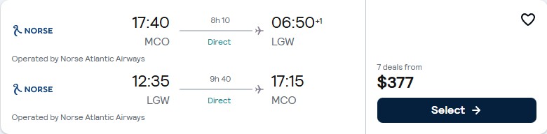 Non-stop flights from Orlando, Florida to London, UK for only $377 roundtrip. Flight deal ticket image.