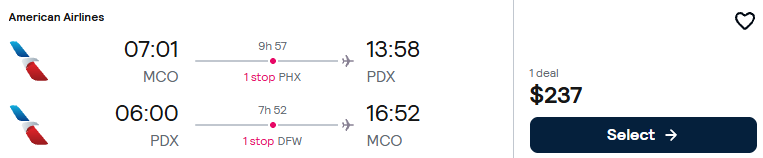 Click here to book this cheap flight deal. Cheap flights from Orlando, Florida to Portland, Oregon for only $237 roundtrip with American Airlines. Also works in reverse. Flight deal ticket image.