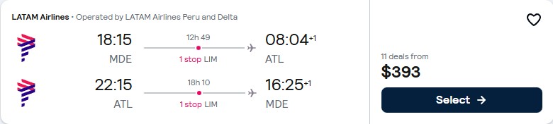 Click here to book this cheap flight deal. Cheap flights from Medellin, Colombia to Atlanta, USA for only $391 USD roundtrip with LATAM Airlines and Delta Air Lines. Flight deal ticket image.