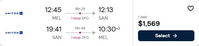 Click here to book this cheap flight deal. Cheap flights from Melbourne, Australia to San Diego, USA for only $1569 AUD roundtrip with United Airlines. Flight deal ticket image.