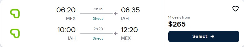 Non-stop flights from Mexico City, Mexico to Houston, Texas for only $265 USD roundtrip. Flight deal ticket image.