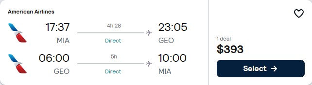 Click here to book this cheap flight deal. Non-stop flights from Miami to Guyana for only $393 roundtrip with American Airlines. Flight deal ticket image.
