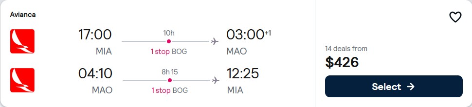Cheap flights from Miami to Manaus, Brazil for only $426 roundtrip with Avianca. Flight deal ticket image.