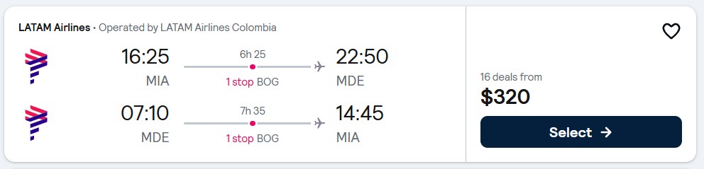 Summer flights from Miami to Medellin, Colombia for only $320 roundtrip with LATAM Airlines. Flight deal ticket image.