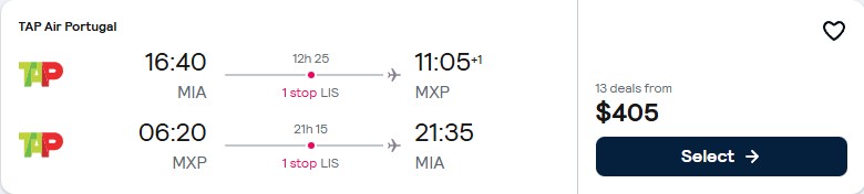 Click here to book this cheap flight deal. Cheap flights from Miami to Milan or Rome, Italy from only $405 roundtrip with TAP Air Portugal. Flight deal ticket image.