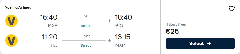 Non-stop flights from Milan, Italy to Bilbao, Spain for only €25 roundtrip. Flight deal ticket image.