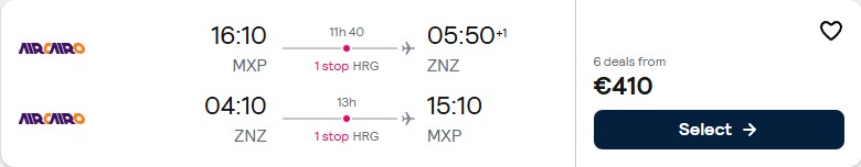 Click here to book this cheap flight deal. Cheap flights from Milan, Italy to Zanzibar, Tanzania for only €410 roundtrip. Flight deal ticket image.
