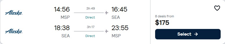 Non-stop flights from Minneapolis to Seattle for only $175 roundtrip with Alaska Airlines. Also works in reverse. Flight deal ticket image.