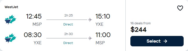 Click here to book this cheap flight deal. Non-stop, Christmas flights from Minneapolis to Saskatoon, Canada for only $244 roundtrip. Flight deal ticket image.