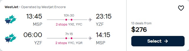 Click here to book this cheap flight deal. Cheap flights from Minneapolis to Yellowknife, Canada for only $276 roundtrip. Flight deal ticket image.