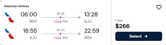 Click here to book this cheap flight deal. Cheap flights from New Orleans to San Juan, Puerto Rico for only $266 roundtrip with American Airlines. Flight deal ticket image.
