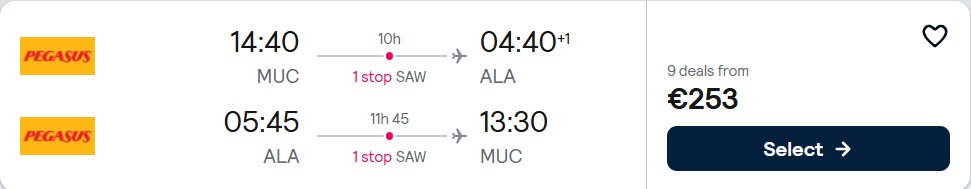Cheap flights from Munich, Germany to Almaty, Kazakhstan for only €253 roundtrip. Flight deal ticket image.