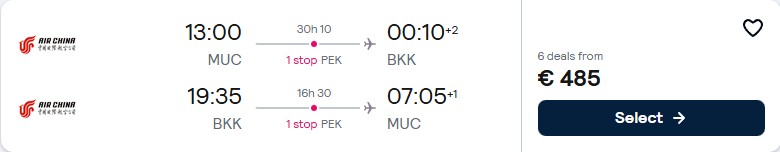 Click here to book this cheap flight deal. Cheap flights from Munich, Germany to Bangkok, Thailand for only €485 roundtrip. Flight deal ticket image.