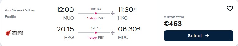 Click here to book this cheap flight deal. Cheap flights from Munich or Frankfurt, Germany to Hong Kong from only €463 roundtrip with Cathay Pacific. Flight deal ticket image.