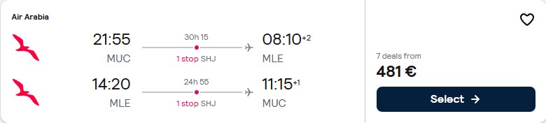 Click here to book this cheap flight deal. Cheap flights from Munich, Germany to the Maldives for only €482 roundtrip. Flight deal ticket image.