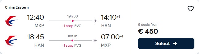 Christmas flights from Milan, Italy to Hanoi, Vietnam for only €450 roundtrip. Flight deal ticket image.