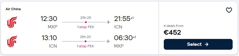 Click here to book this cheap flight deal. Cheap flights from Milan, Italy to Seoul, South Korea for only €452 roundtrip. Flight deal ticket image.