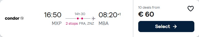 Cheap flights from European cities to Mombasa, Kenya from only €60 one-way. Flight deal ticket image.