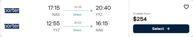 Non-stop flights from the Bahamas to Toronto, Canada for only $252 USD roundtrip. Flight deal ticket image.