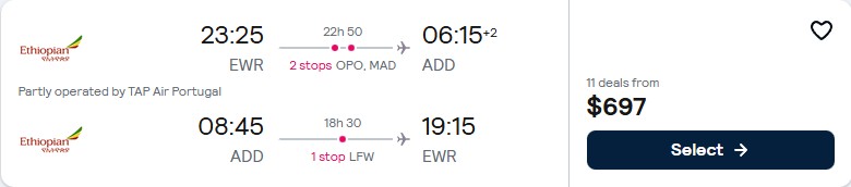 Click here to book this cheap flight deal. Cheap flights from New York to Addis Ababa, Ethiopia for only $697 roundtrip with TAP Air Portugal. Flight deal ticket image.