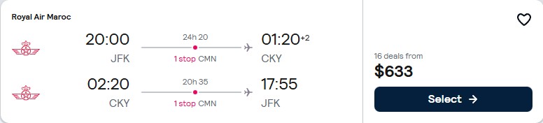 Cheap flights from New York to Conakry, Guinea for only $633 roundtrip with Royal Air Maroc. Flight deal ticket image.