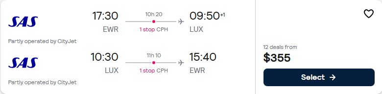 Click here to book this cheap flight deal. Cheap flights from New York to Luxembourg for only $355 roundtrip with Scandinavian Airlines. Flight deal ticket image.
