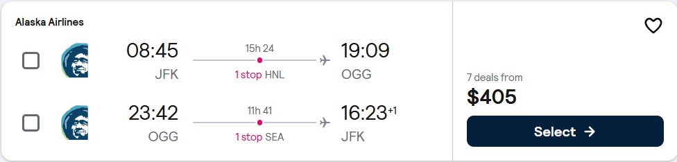Cheap flights from New York to Kahului, Hawaii for only $405 roundtrip with Alaska Airlines. Also works in reverse. Flight deal ticket image.