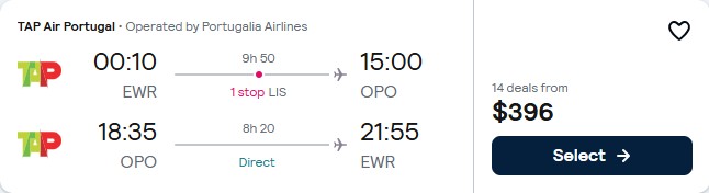 Click here to book this cheap flight deal. Cheap flights from New York to Porto, Portugal for only $396 roundtrip with TAP Air Portugal. Flight deal ticket image.