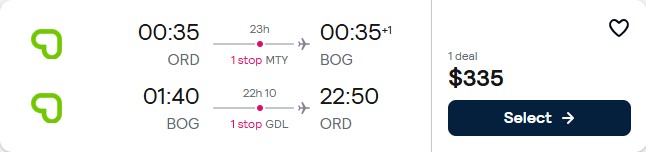 Click here to book this cheap flight deal. Cheap flights from Chicago to Bogota, Colombia for only $335 roundtrip. Flight deal ticket image.