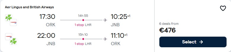 Click here to book this cheap flight deal. Cheap flights from Cork, Ireland to Johannesburg, South Africa for only €478 roundtrip with Aer Lingus and British Airways. Flight deal ticket image.