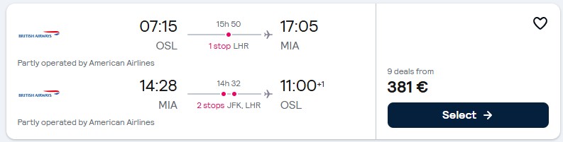 Click here to book this cheap flight deal. Cheap flights from Oslo, Norway to Miami, USA for only €381 roundtrip with British Airways and American Airlines. Flight deal ticket image.